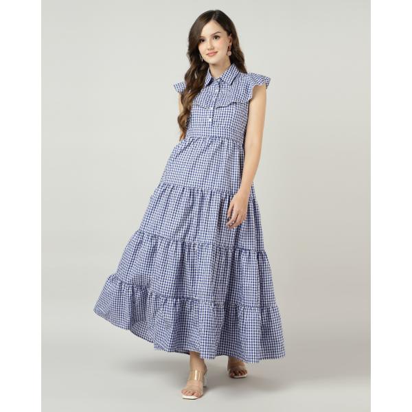Blue Gingham Tiered Maxi Dress